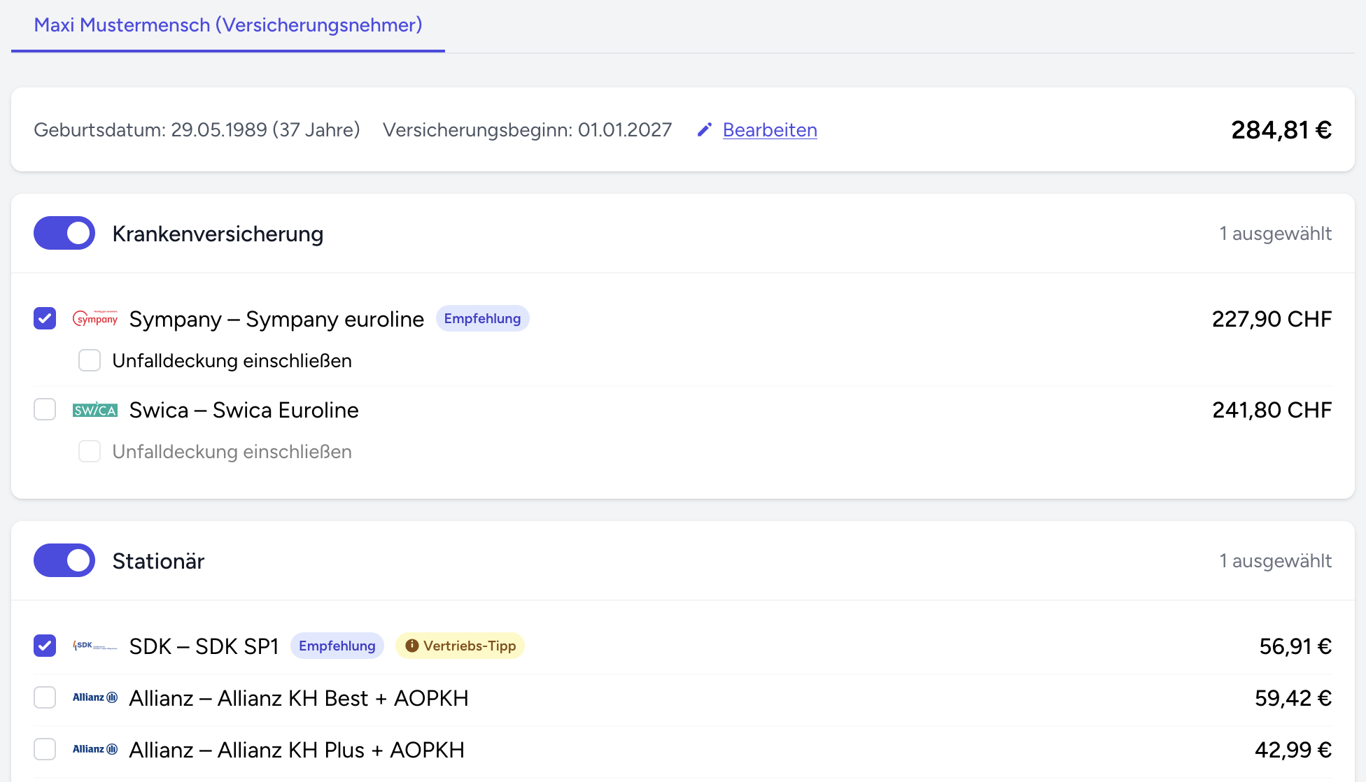 Tarifauswahl in MaklerVZ: Krankenversicherung und stationäre Zusatztarife mit Monatsbeiträgen nebeneinander, mit Empfehlungs- und Vertriebstipp-Markierungen.
